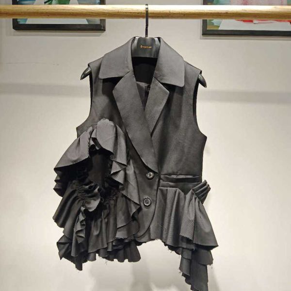 

[ewq] spring outerwear layers ruffles design fashionable loose fashion black blazer vest women ruched casual coats 210819, Black;white