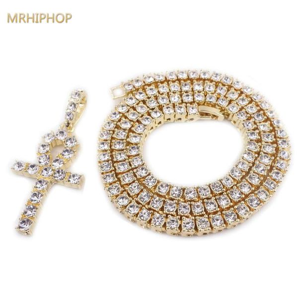 

para raphip hop oro hombres de egipto ankh cruz colgante mujeres 5mm 1 tenis cadena cristal helado plata collar joyerÃ­a chains, Silver