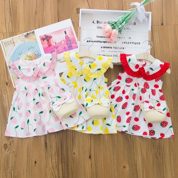 

toddler kids baby girls casual strawberry print dress princess bag set outfits girl's dresses, Red;yellow