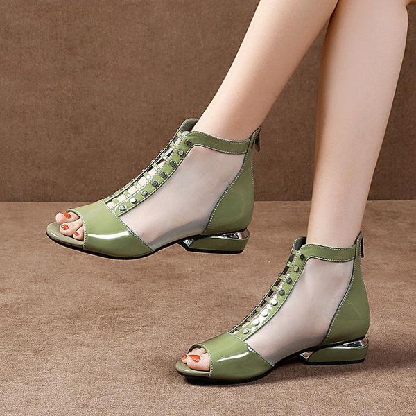 

women's open toe sandals, pu leather mesh shoes, low heel, back zipper, black, green, 2021 boots