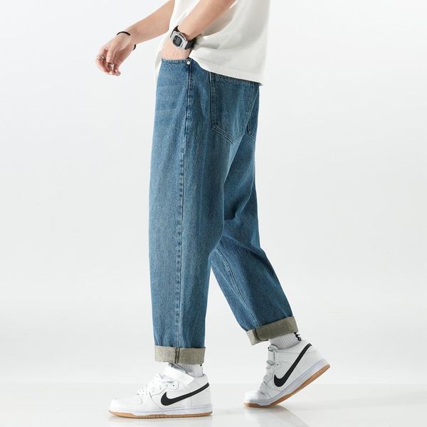 

men's pants jeans man casual large size men denim middle waist cargo trousers straight solid color long plus over, Black