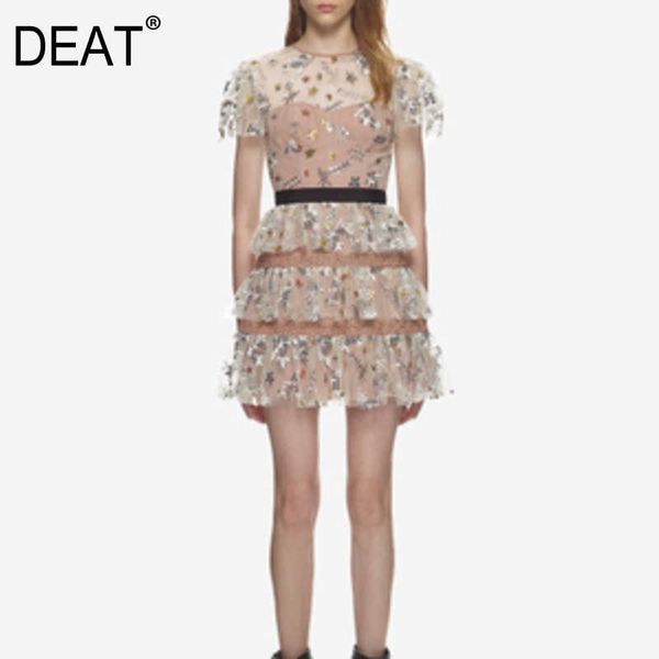 

[deat] women lace round neck high waist embroidery short sleeve solid color dress fashion summer 13d095 210527, Black;gray