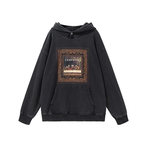 

men's hoodies & sweatshirts retro last meal print oversized hoodie distressed hip hop streetwear women's sweatshirt clothing, Black