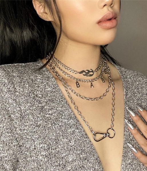 

chains hip hop personality style combination set women jewelry multi layer flame necklace punk exaggerated metal lock letter neck chain, Silver