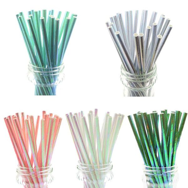 

disposable dinnerware 25pcs/lot pearl silver iridescent paper straws kids birthday wedding decor bridal shower party drinking diy