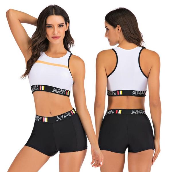 

women's workout bikini set athletic swimsuits two pieces bathing suit sport swimwear high neck crop boyshorts bottom one-piece suits