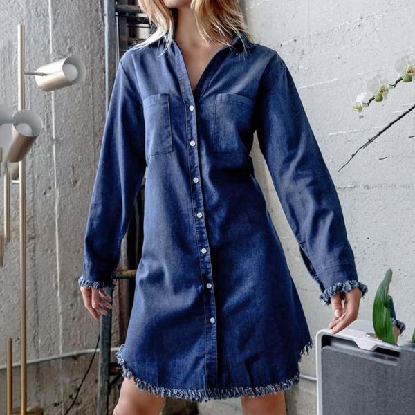 

casual dresses womens solid denim dress female pocket with belt slim ladies single breasted vintage elegant vestido de mujer, Black;gray