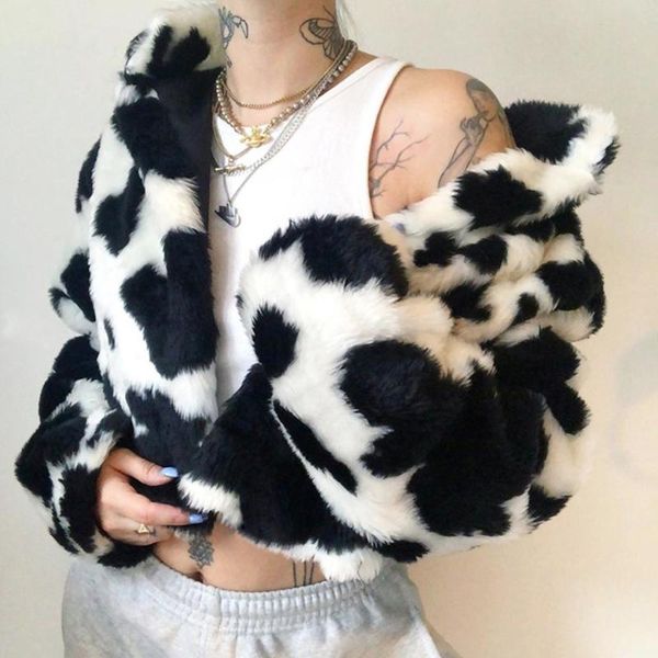 

women's jackets missnight fleece cow print woman jacket lapel collar zipper open stitch warm coat winter clothes women streetwear, Black;brown