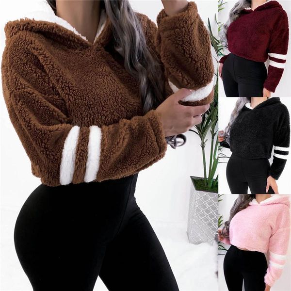 

women's hoodies & sweatshirts women warm teddy bear fluffy fleece fur hoodie hooded sweatshirt pullover autumn spring, Black