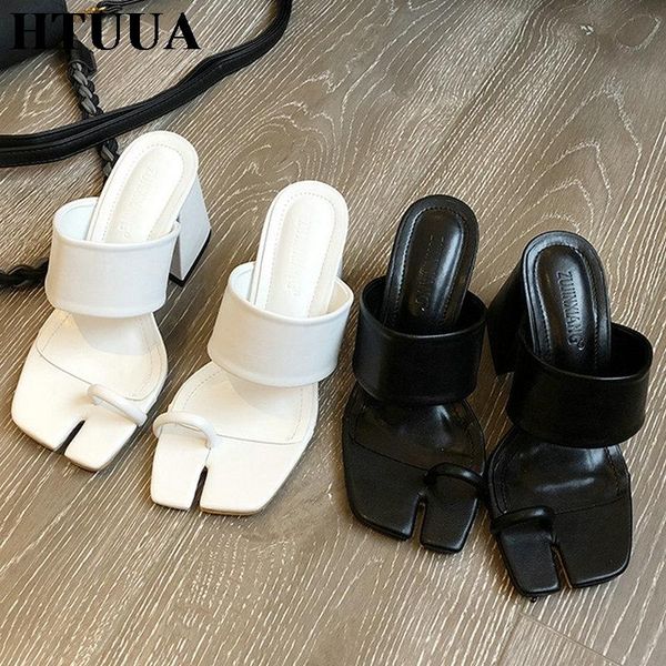 

slippers htuua summer brand women square toe split toes dress shoes woman slides high heel sandals sx3969, Black