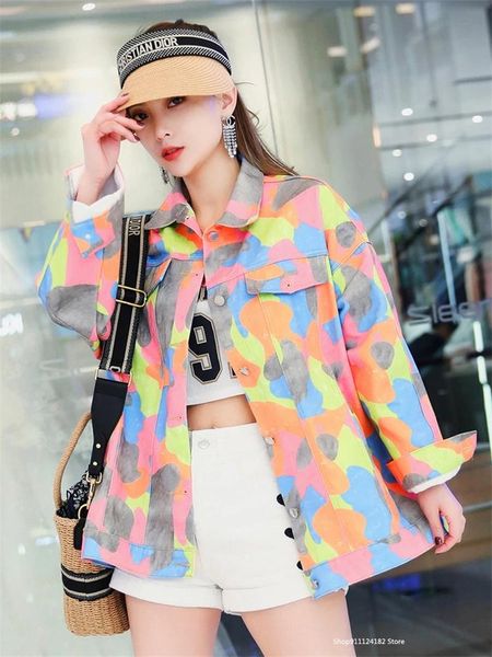 

women's jackets denim jacket female hand-painted spring and autumn korean version of loose large size small ins cardigan, Black;brown