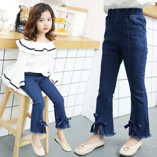 

jeans flare pants for girls spring denim elastic waist children's casual bowknot 6 8 10 12 14 year, Blue