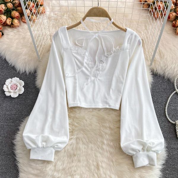 

women's blouses & shirts super fairy france hepburn style golden velvet v-neck shirt girl bubble long sleeve short for autumn winter 20, White