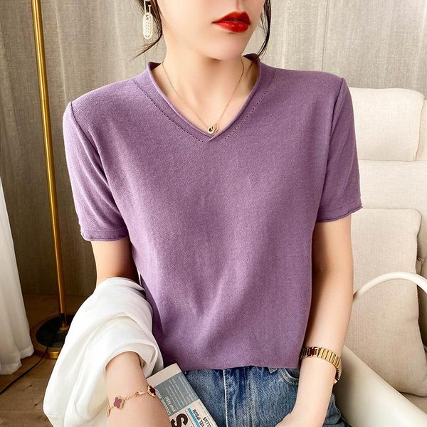 

women's t-shirt 2021 summer pure cotton thread thin knit short-sleeved fashion v-neck wild loose half-sleeved base short top, White