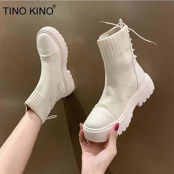 

boots women socks ankle female shoes autumn winter lace up platform knitted non slip fashion ladies shoe 2021, Black