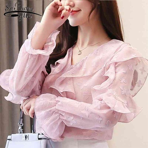 Blusas mujer de moda Herbst Chiffon Blusen Casual hemden Elegante Rosa Frauen Tops Langarm V-ausschnitt 5548 50 210427