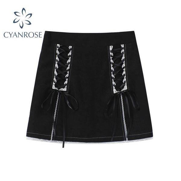 

skirts women ins vintage double lace up mini skirt 2021 chic high waist streetwear summer bodycon eyelet bandage lady, Black