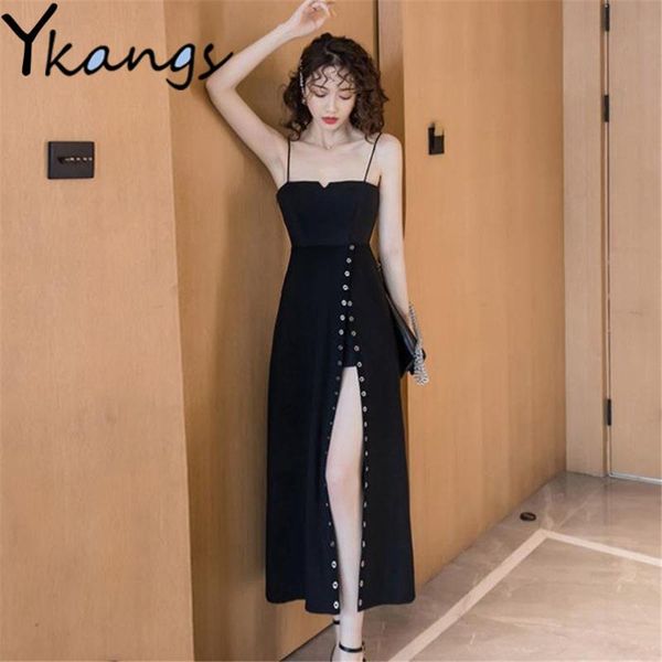 

casual dresses black sleeveless vestidos suspender split women summer korean style elegant midi big size robe femme slim clothing, Black;gray