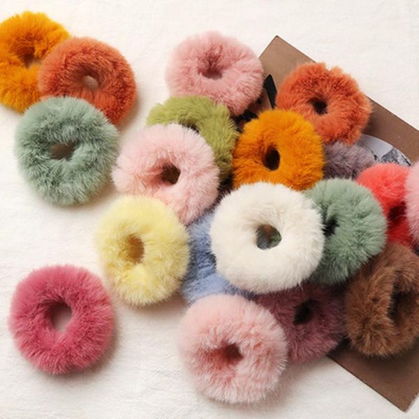 

hair accessories 1pcs fluffy faux fur furry scrunchies soft hand made elastic bands ring for ladies ties, Slivery;white