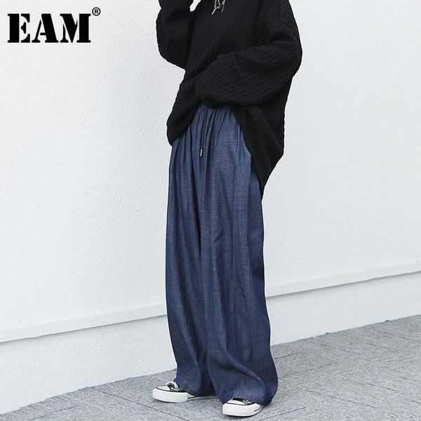 

[eam] vintage dark blue denim wide leg high waist trousers loose fit pants women fashion tide spring autumn 2021 1dd4880 women's & capr, Black;white