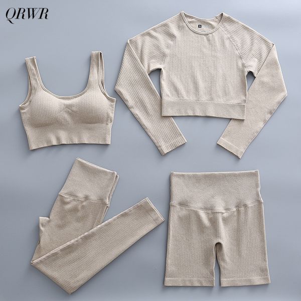 

yoga outfits 2/4pcs set women's sportswear seamless set fitness long sleeve crop sport bra high waist leggings sports suits, White;red