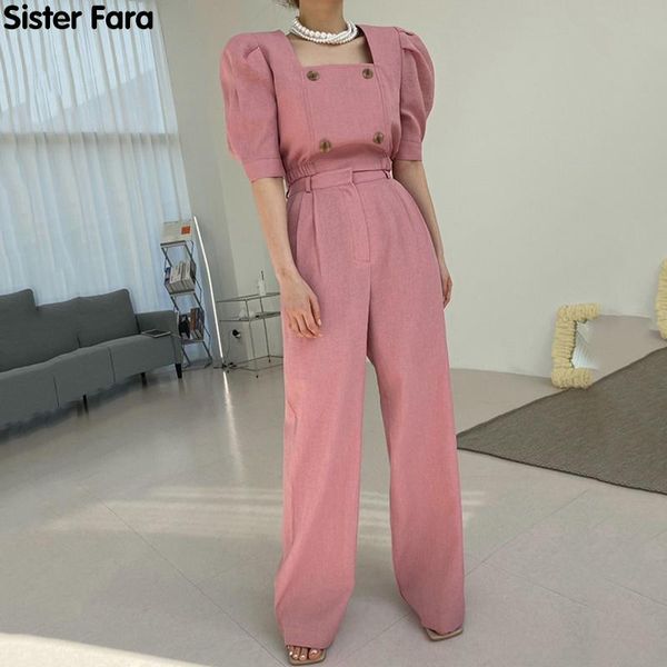 

sister fara chic square collar short sleeve shirt summer women's suit+high waist zipper wide leg pants woman two piece suit, White