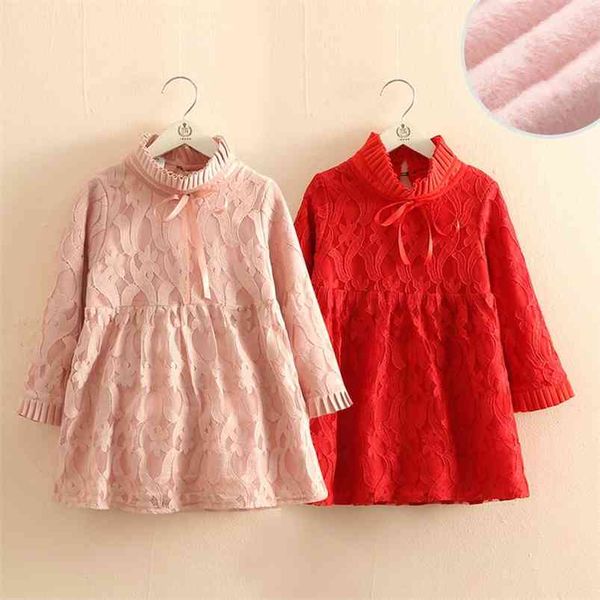 Inverno 3 4 5 6 7 8 9 10 11 12 Anos Pescoço da tripulação Lace princesa espessamento mais veludo quente para crianças bebê meninas vestido 210625