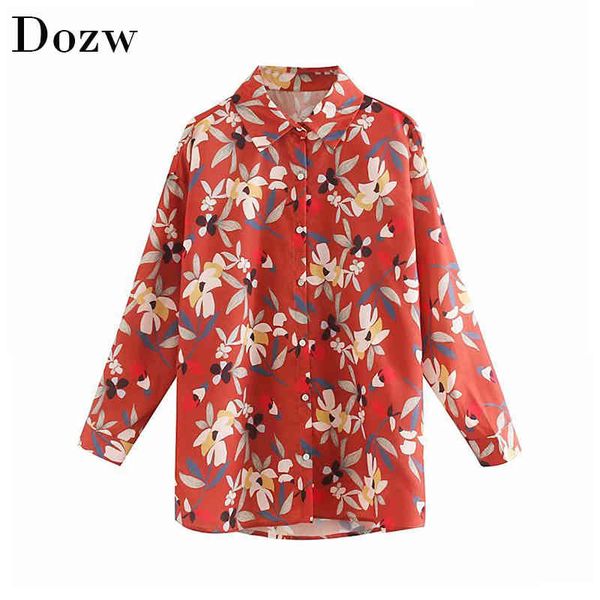 

autumn flower print blouse long sleeve casual loose vintage turn down collar office shirt fashion kimono tunic blusas 210414, White