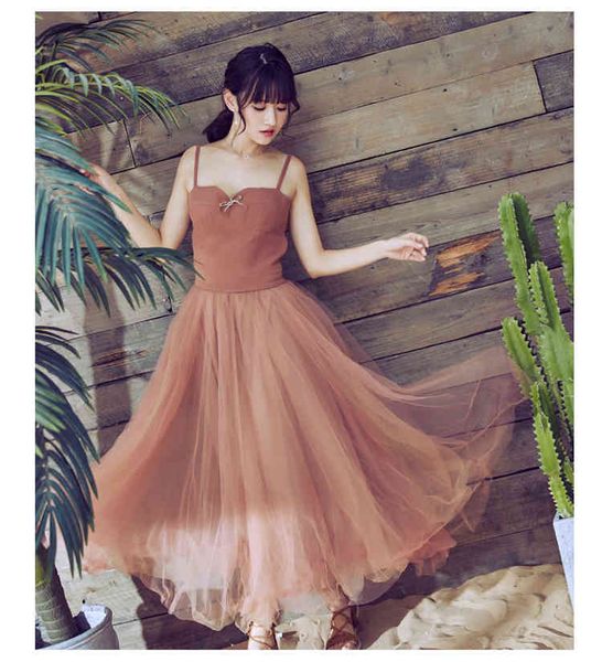 

a line pink high-end custom womens summer es large spaghetti strap swing net yarn suspenders long style, Black;gray