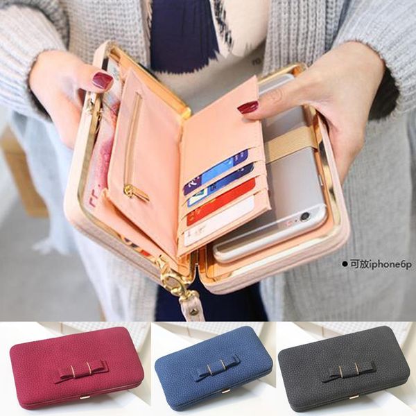 

fashion women cute bowknot wallet long purse phone card holder clutch large capacity bag, Red;black