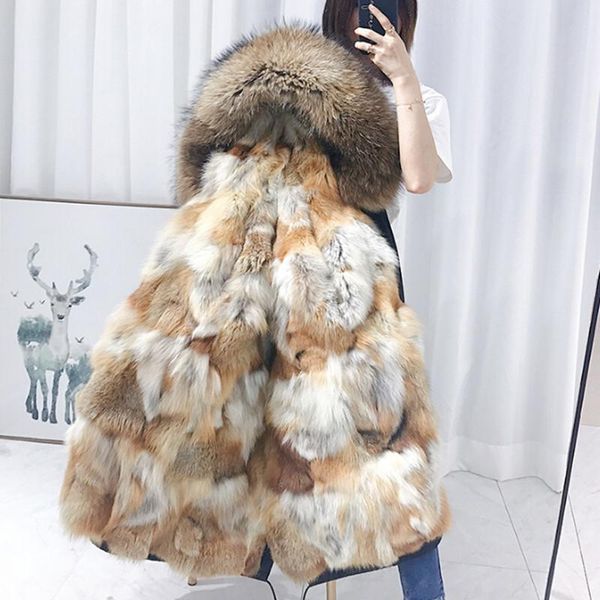 

women's fur & faux real coat women winter jacket 100% natural hooded thicken warm long parka ladies big collar black outerwear