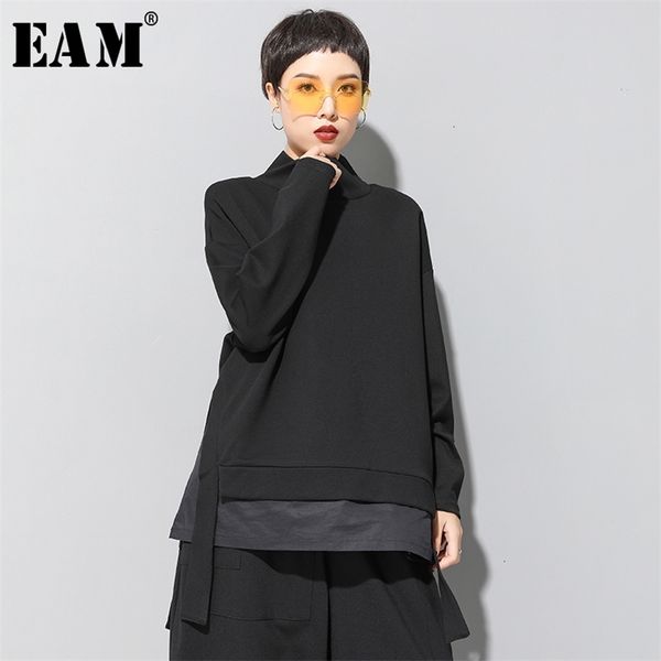 

[eam] loose fit asymmetrical oversized sweatshirt high collar long sleeve women big size fashion spring autumn 19a-a124 210728, Black