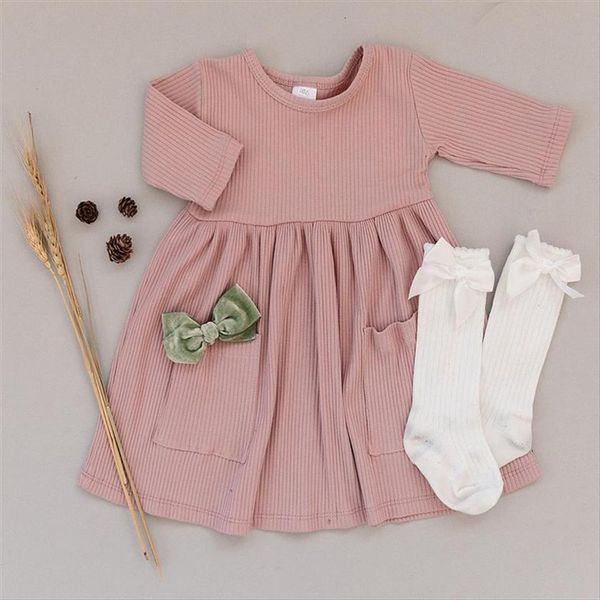 

spring autumn children baby girls dress ribbed knitted ruffles dresses princess pocket casual daily kids for, White