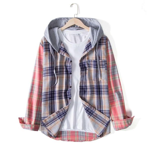 

men's casual shirts autumn shirt camisa masculina plaid print long sleeve single breasted hooded streetwear for men, White;black