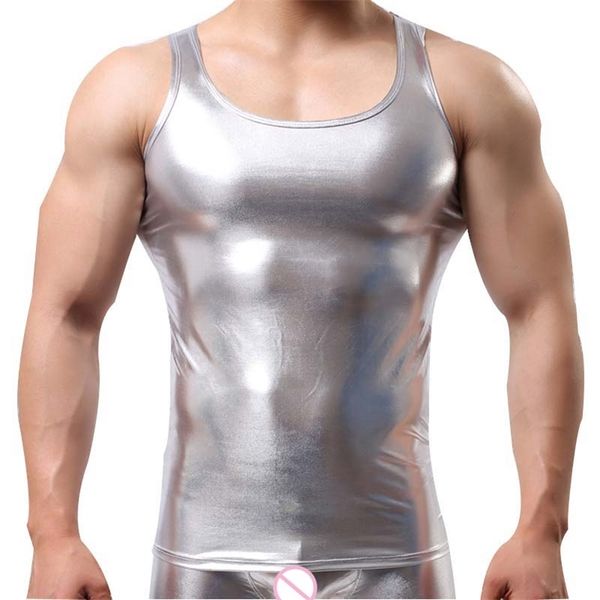 Moda Marca Estrela Faux Couro Homens Sexy Fitness Tank Top / sem mangas Mens Bodybuilding Rirers Colete 210623