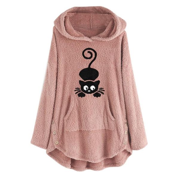 

women's hoodies & sweatshirts 2021 cat embroidery fleece pullovers winter hooded women fluffy coats outwears female tunic sudadera, Black