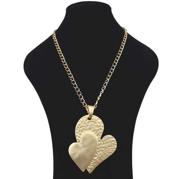 

chains magold fashion large abstract metal double hearts jewellery pendant necklaces on long link chain lagenlook 34", Silver