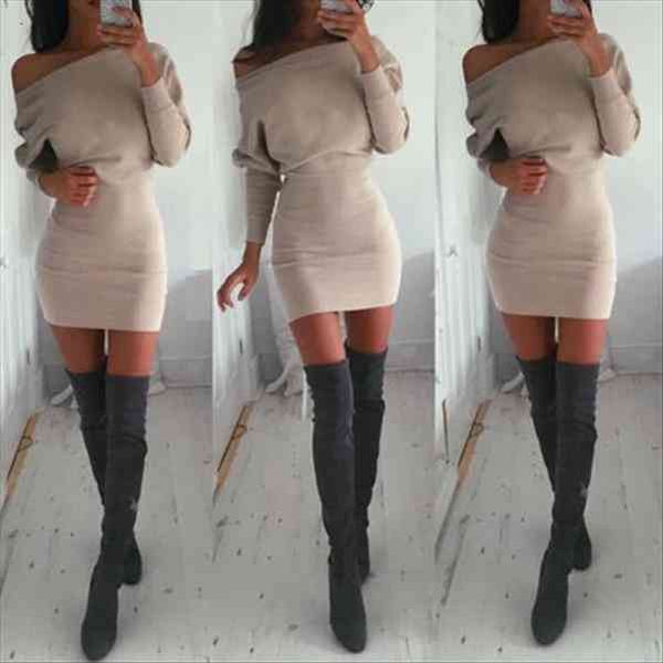 

stylish casual off shoulder khaki womens dresses solid long sleeve party cotton bodycon mini, Black;gray
