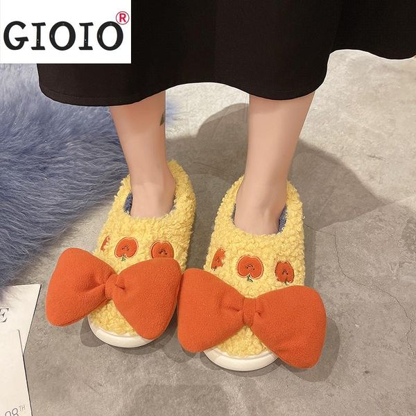 

slippers winter women's flat cute bow plush female home floor fashion comfort shoes couple big size slides, Black