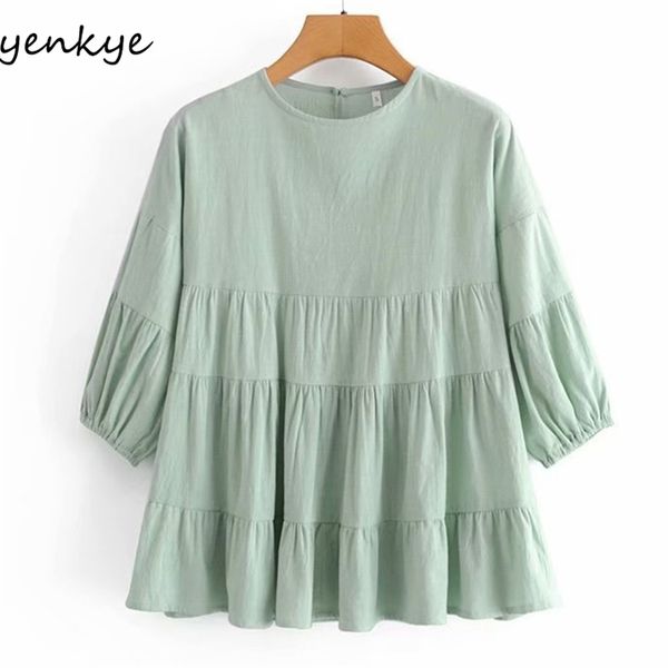 

vintage solid color women casual blouse o neck three-quarter sleeve pullover summer plus size blusas 210514, White