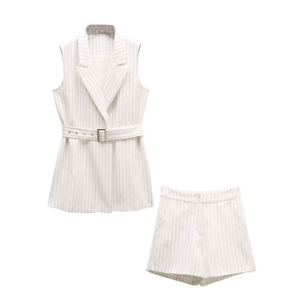 

women two pieces set sleeveless notch collar vest sash shorts striped black white t0204 210514