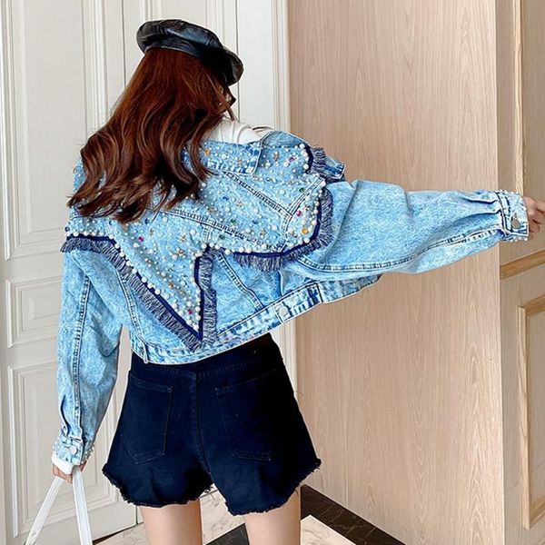 

women's jackets denim jacket autumn product beaded tassel single-breasted long sleeve pearl fashion streetwear outerwear, Black;brown