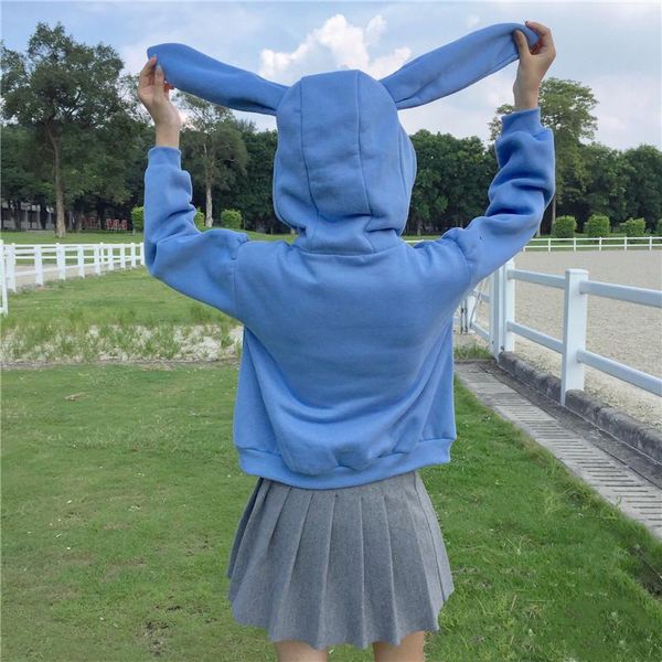 

sweet kawaii solid color autumn winter plus ear loose women's sweatshirt hooded collar long sleeve casual sky blue hoodie hoodies & s s, Black