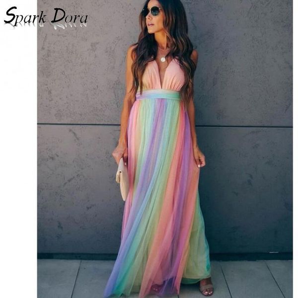 

casual dresses summer elegant dress fashion streetwear deep v-neck rainbow mesh spaghetti strap chiffon vestidos, Black;gray