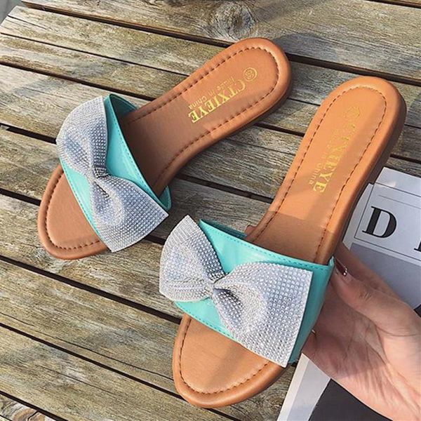 

slippers cosmagic 2021 summer women crystal bowknot slipper fashion beach outside rubber sole slide shoe, Black