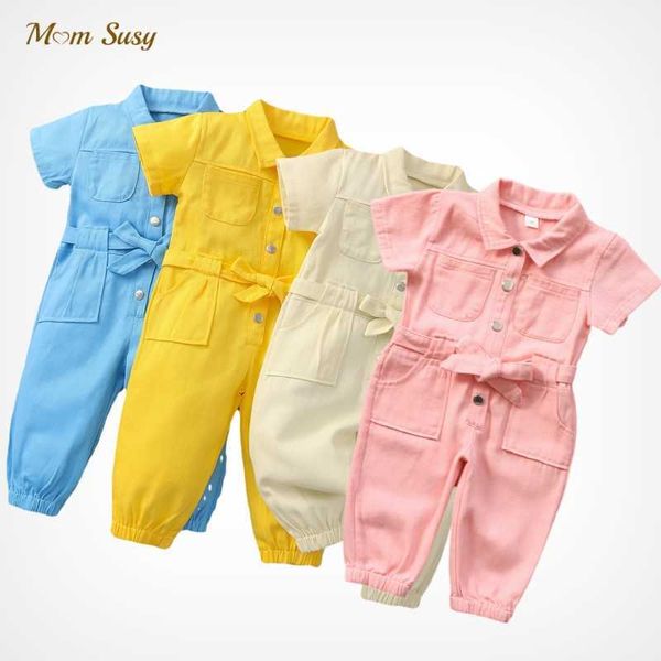 

baby boy girl romper jean infant toddler child button jumpsuit short sleeve casual overall summer spring baby clothes 1-6y 210722, Blue