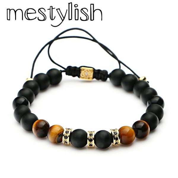 

charm bracelets mestylish 8mm nature stone black white onyx beads tiger eye braided bracelet zircon spacer men women, Golden;silver