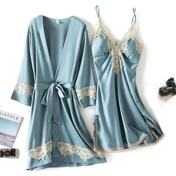 

women's sleepwear summer women 2pcs robe set kimono gown thin silky satin lace v-neck knee-length nightgown casual loose homedress, Black;red