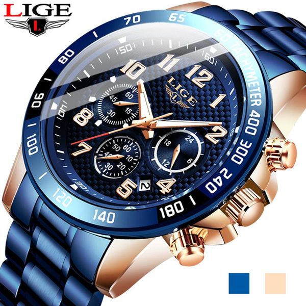 

wristwatches men watches lige stainless steel blue waterproof quartz watch fashion chronograph male sport military, Slivery;brown