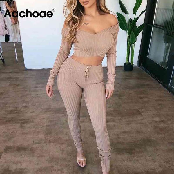 

solid knit 2 piece set women deep v neck cropped drawstring full length bodycon pants lady home style sets 210413, White